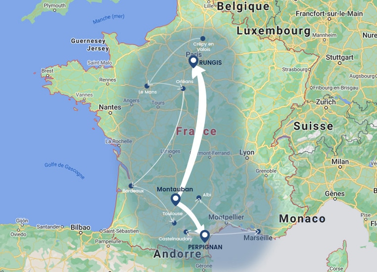 Carte des itinéraires principaux de Breney Frères, reliant Montauban à Rungis et Perpignan en transport routier.